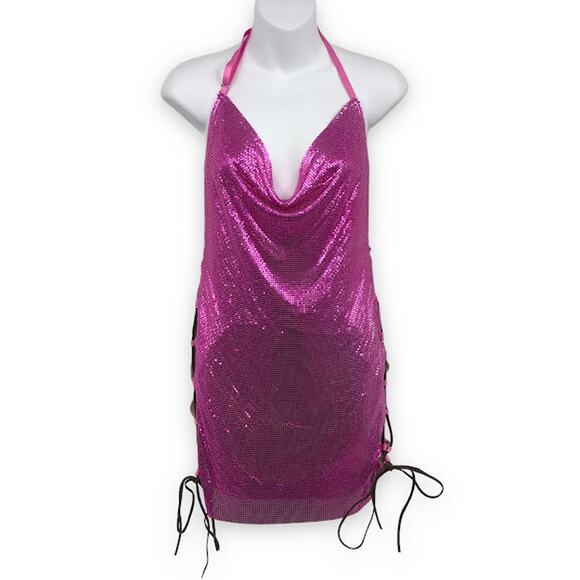 Poster Girl Zeina Metal Mesh Dress XS Cowl Neck Halter Backless Lace-Up Mini NWD - Picture 1 of 7
